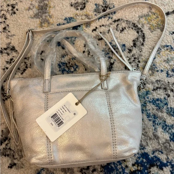 HOBO Kingston Mini Tote in Metallic Silver Leather w/ removable crossbody strap - Picture 5 of 14